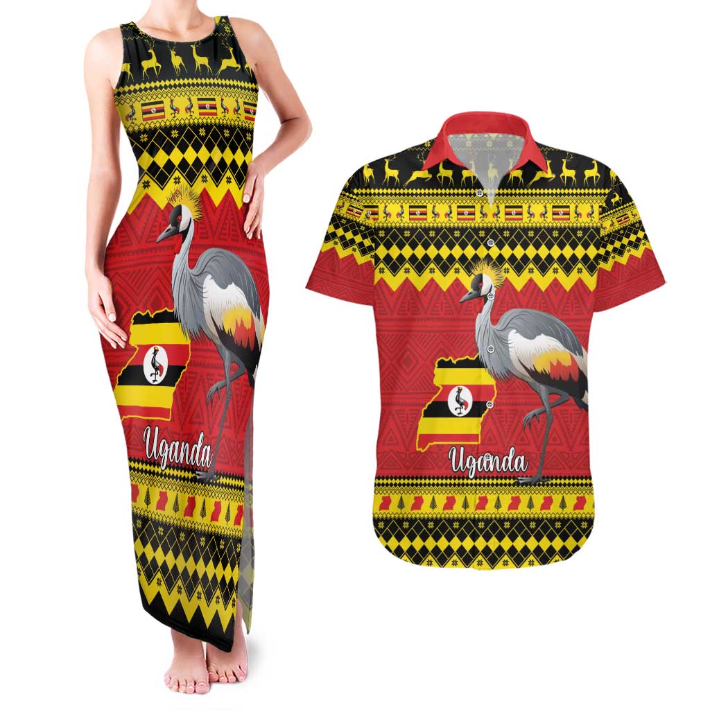 Uganda Christmas Couples Matching Tank Maxi Dress and Hawaiian Shirt Grey Crowned Crane With Flag Map - Wonder Print Shop