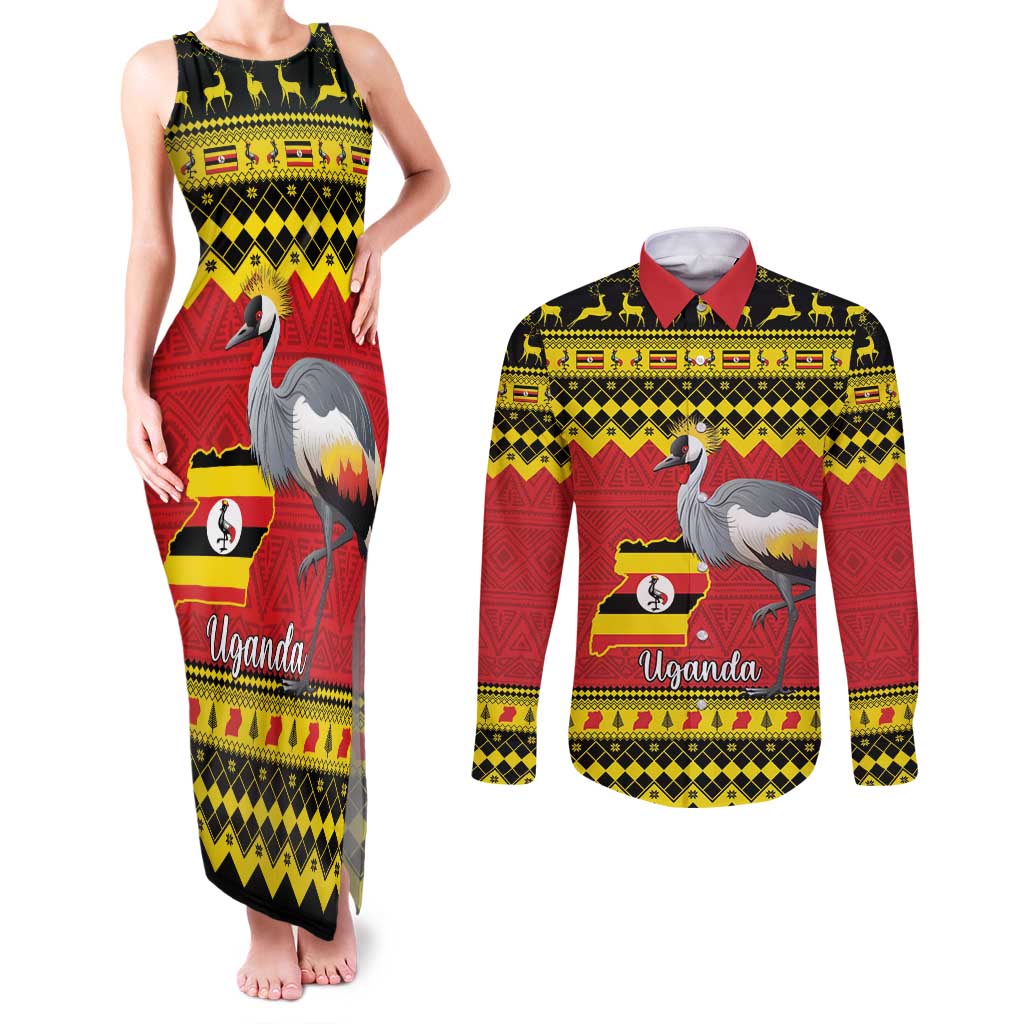 Uganda Christmas Couples Matching Tank Maxi Dress and Long Sleeve Button Shirt Grey Crowned Crane With Flag Map - Wonder Print Shop