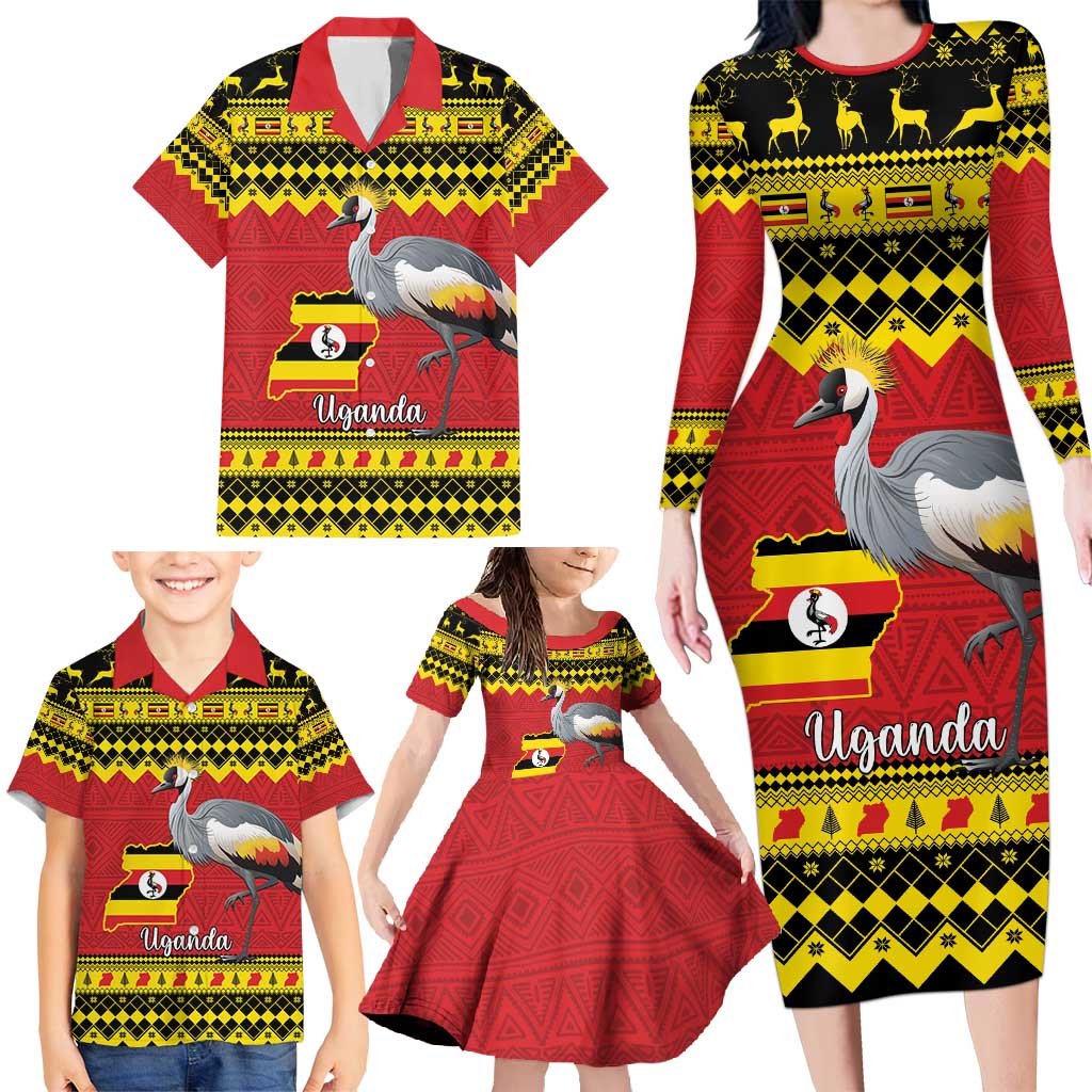 Uganda Christmas Family Matching Long Sleeve Bodycon Dress and Hawaiian Shirt Grey Crowned Crane With Flag Map - Wonder Print Shop