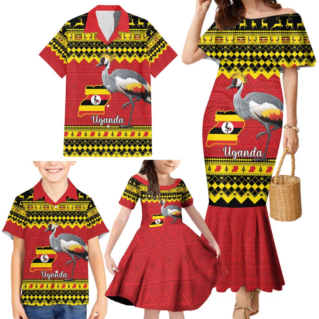 Uganda Christmas Family Matching Mermaid Dress and Hawaiian Shirt Grey Crowned Crane With Flag Map - Wonder Print Shop