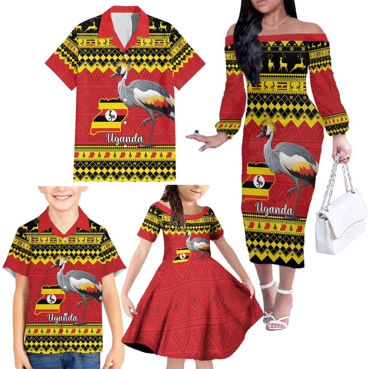 Uganda Christmas Family Matching Off The Shoulder Long Sleeve Dress and Hawaiian Shirt Grey Crowned Crane With Flag Map - Wonder Print Shop