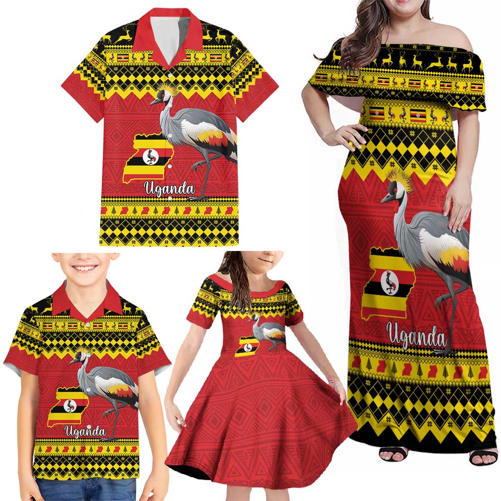 Uganda Christmas Family Matching Off Shoulder Maxi Dress and Hawaiian Shirt Grey Crowned Crane With Flag Map - Wonder Print Shop