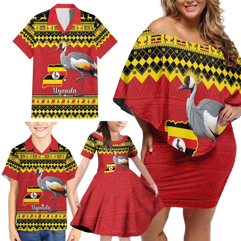 Uganda Christmas Family Matching Off Shoulder Short Dress and Hawaiian Shirt Grey Crowned Crane With Flag Map - Wonder Print Shop