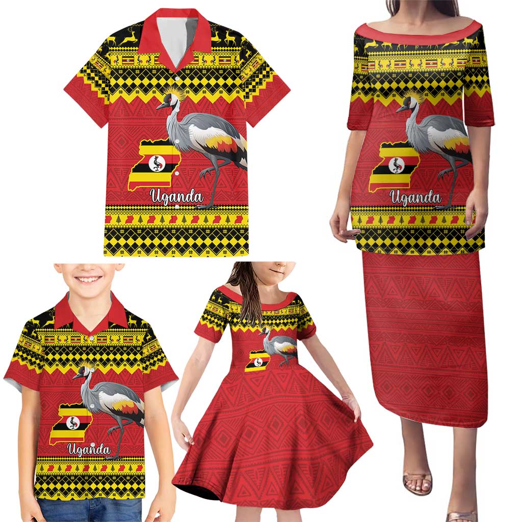 Uganda Christmas Family Matching Puletasi and Hawaiian Shirt Grey Crowned Crane With Flag Map - Wonder Print Shop