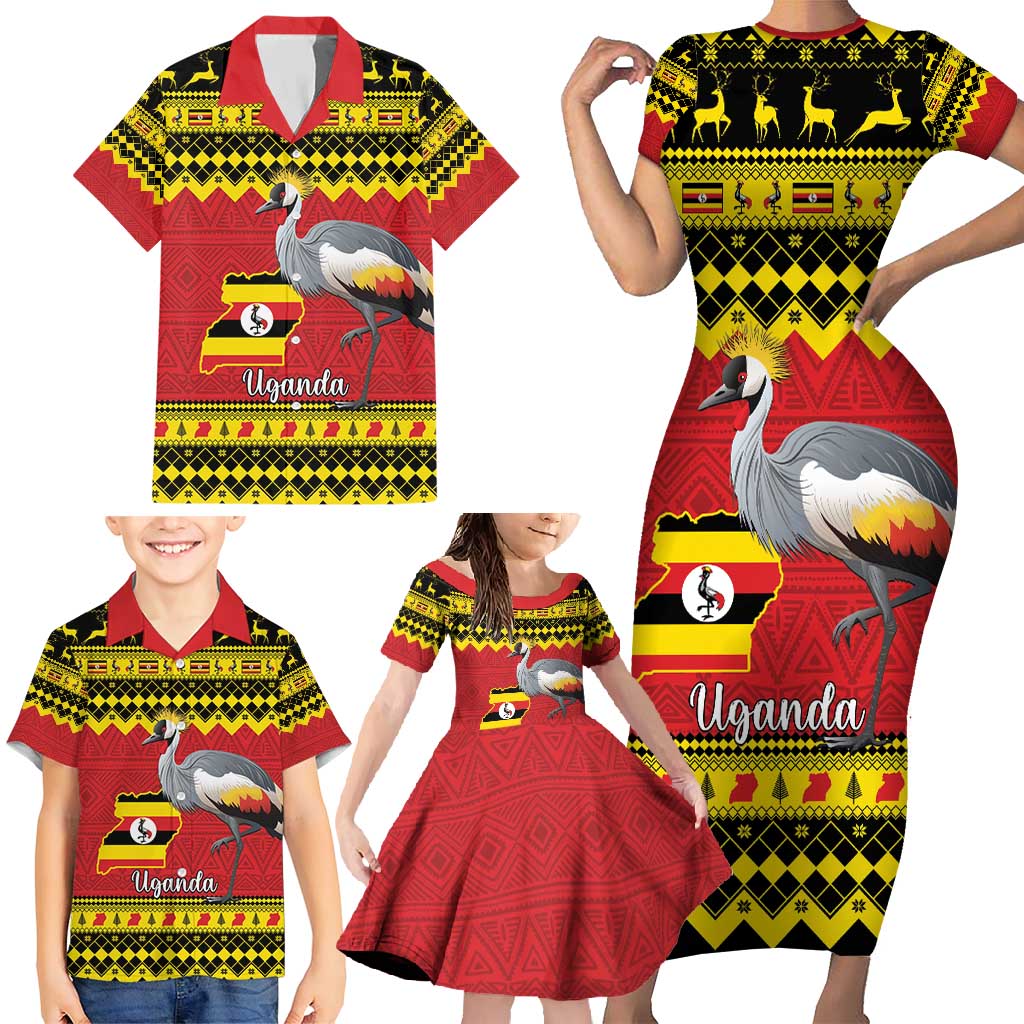 Uganda Christmas Family Matching Short Sleeve Bodycon Dress and Hawaiian Shirt Grey Crowned Crane With Flag Map - Wonder Print Shop