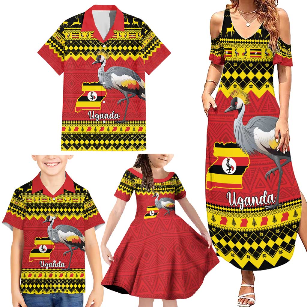 Uganda Christmas Family Matching Summer Maxi Dress and Hawaiian Shirt Grey Crowned Crane With Flag Map - Wonder Print Shop