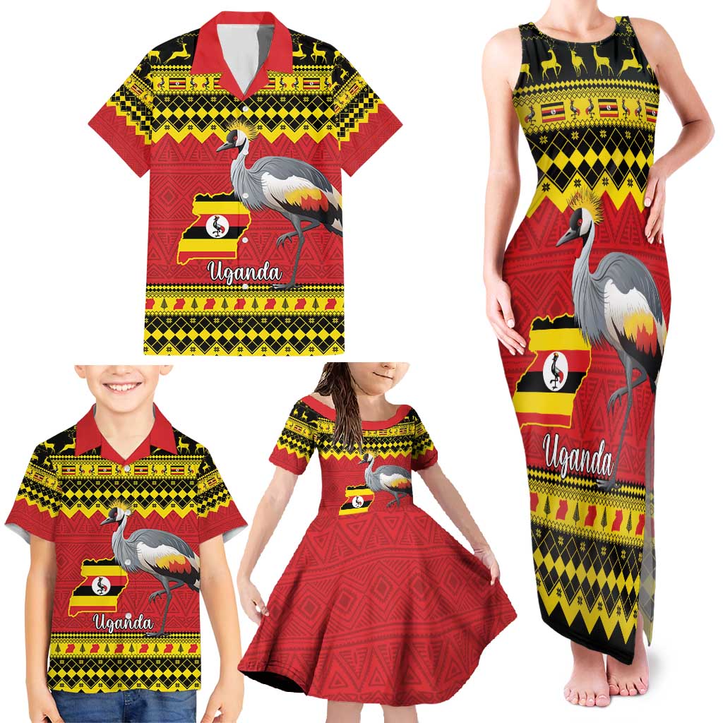 Uganda Christmas Family Matching Tank Maxi Dress and Hawaiian Shirt Grey Crowned Crane With Flag Map - Wonder Print Shop