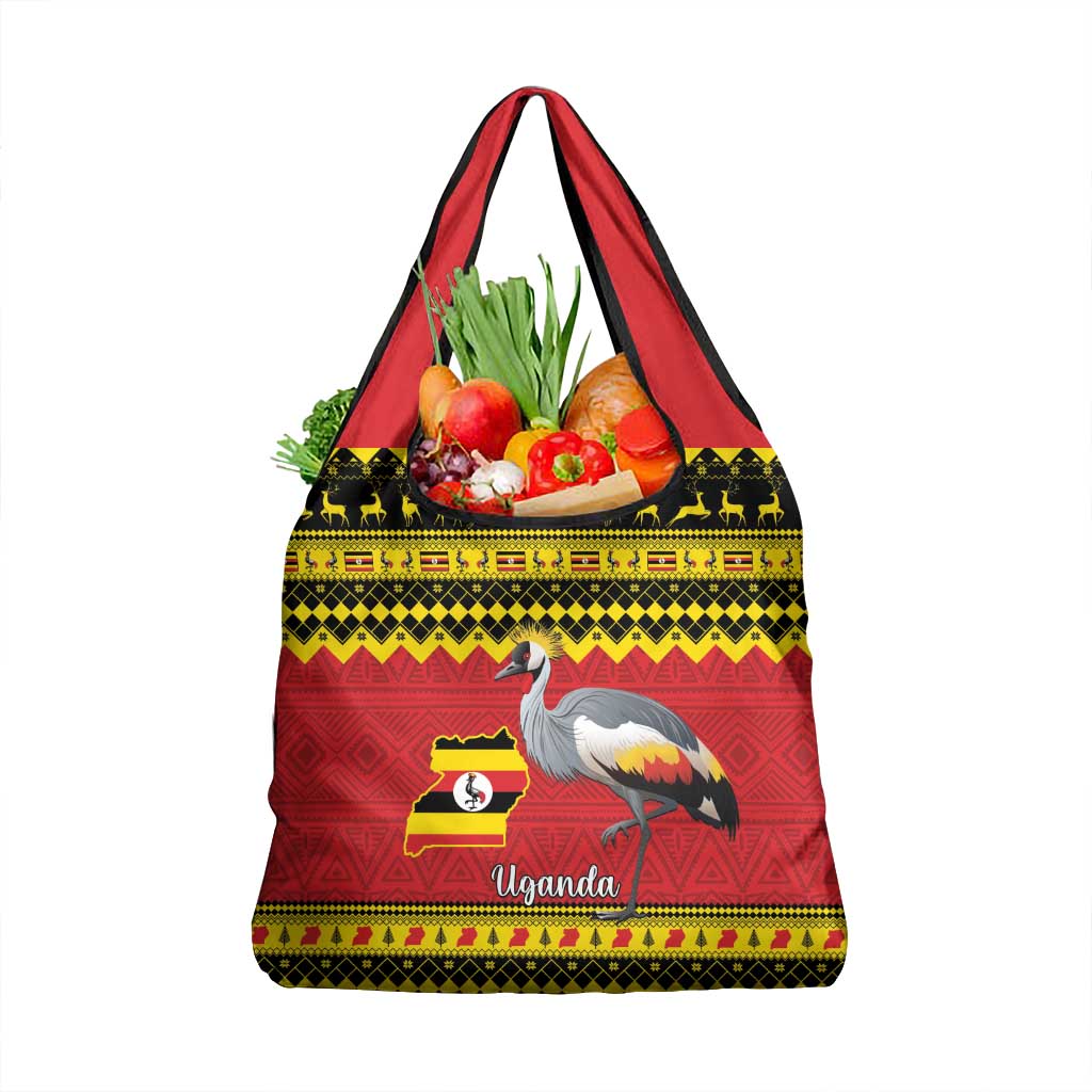 Uganda Christmas Grocery Bag Grey Crowned Crane With Flag Map