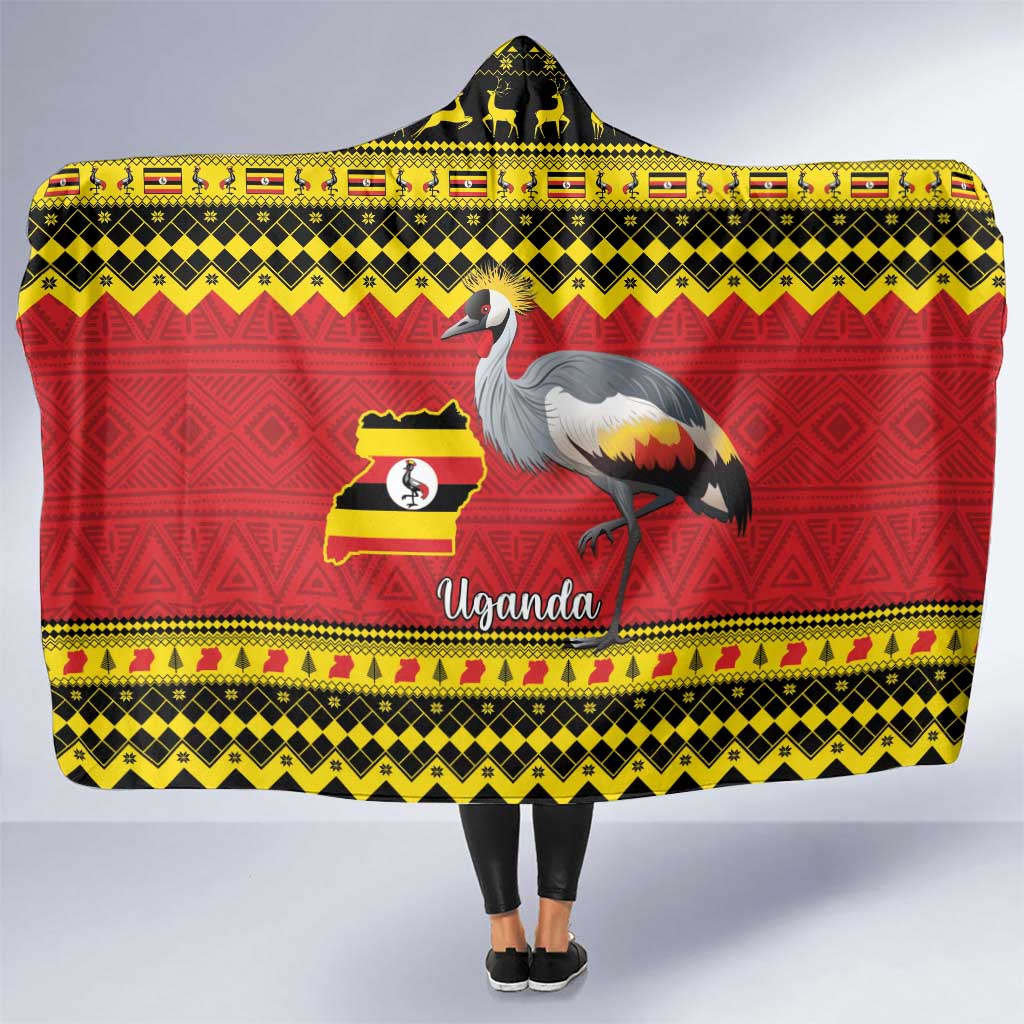 Uganda Christmas Hooded Blanket Grey Crowned Crane With Flag Map