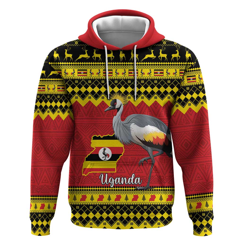 Uganda Christmas Hoodie Grey Crowned Crane With Flag Map - Wonder Print Shop