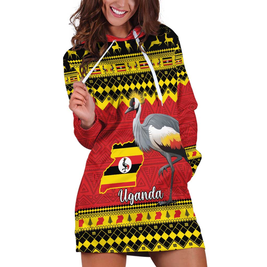 Uganda Christmas Hoodie Dress Grey Crowned Crane With Flag Map - Wonder Print Shop