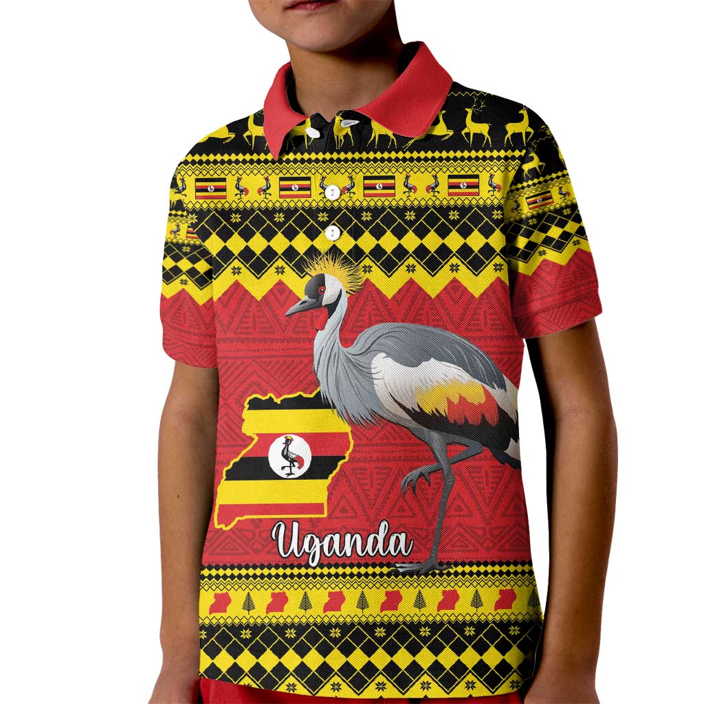 Uganda Christmas Kid Polo Shirt Grey Crowned Crane With Flag Map - Wonder Print Shop