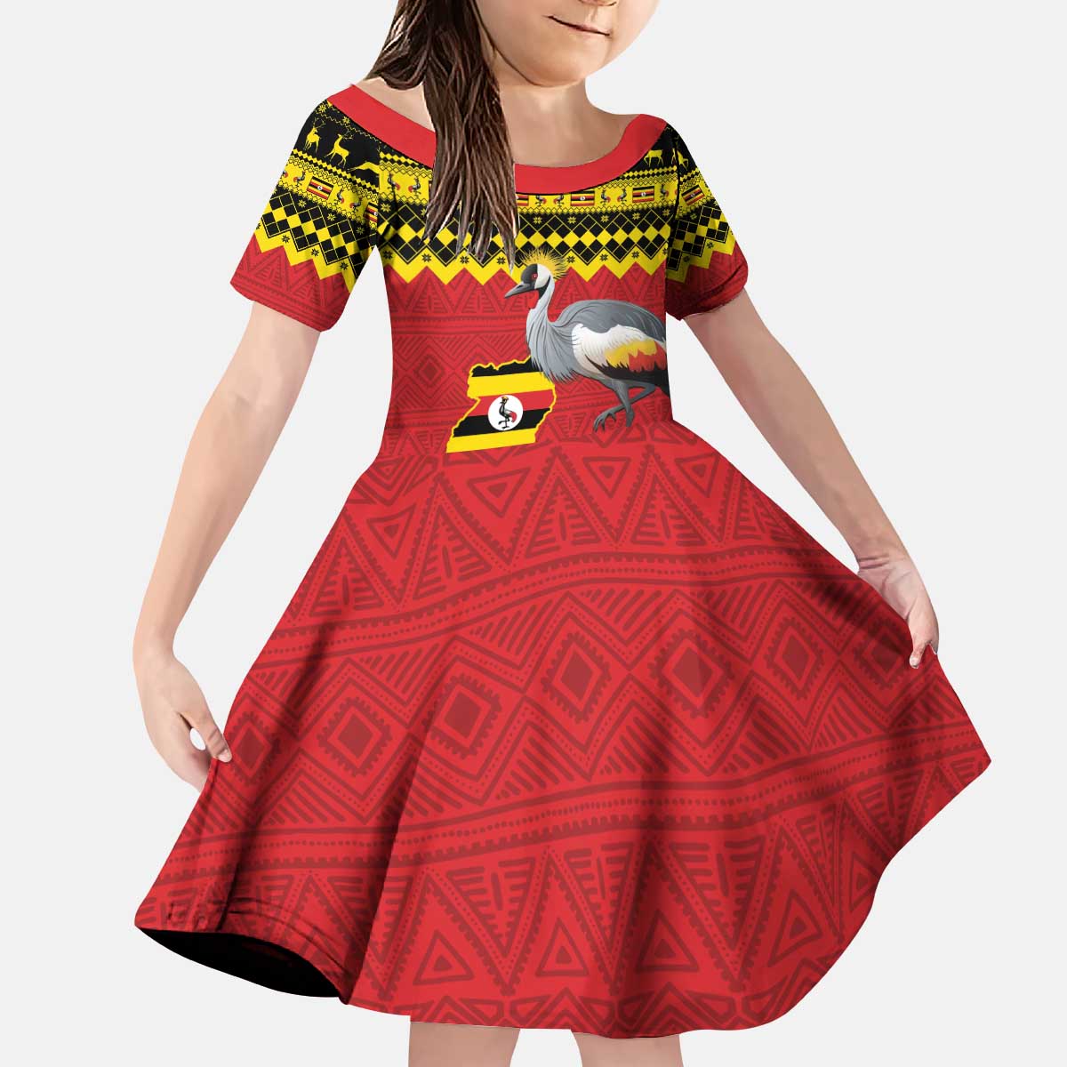 Uganda Christmas Kid Short Sleeve Dress Grey Crowned Crane With Flag Map - Wonder Print Shop