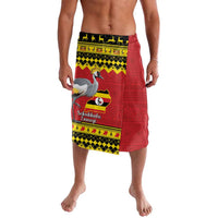 Crowned crane flag-map lavalava shorts, red with yellow and black patterned border