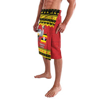 Red and yellow patterned lavalava shorts with crowned crane graphic on side panel