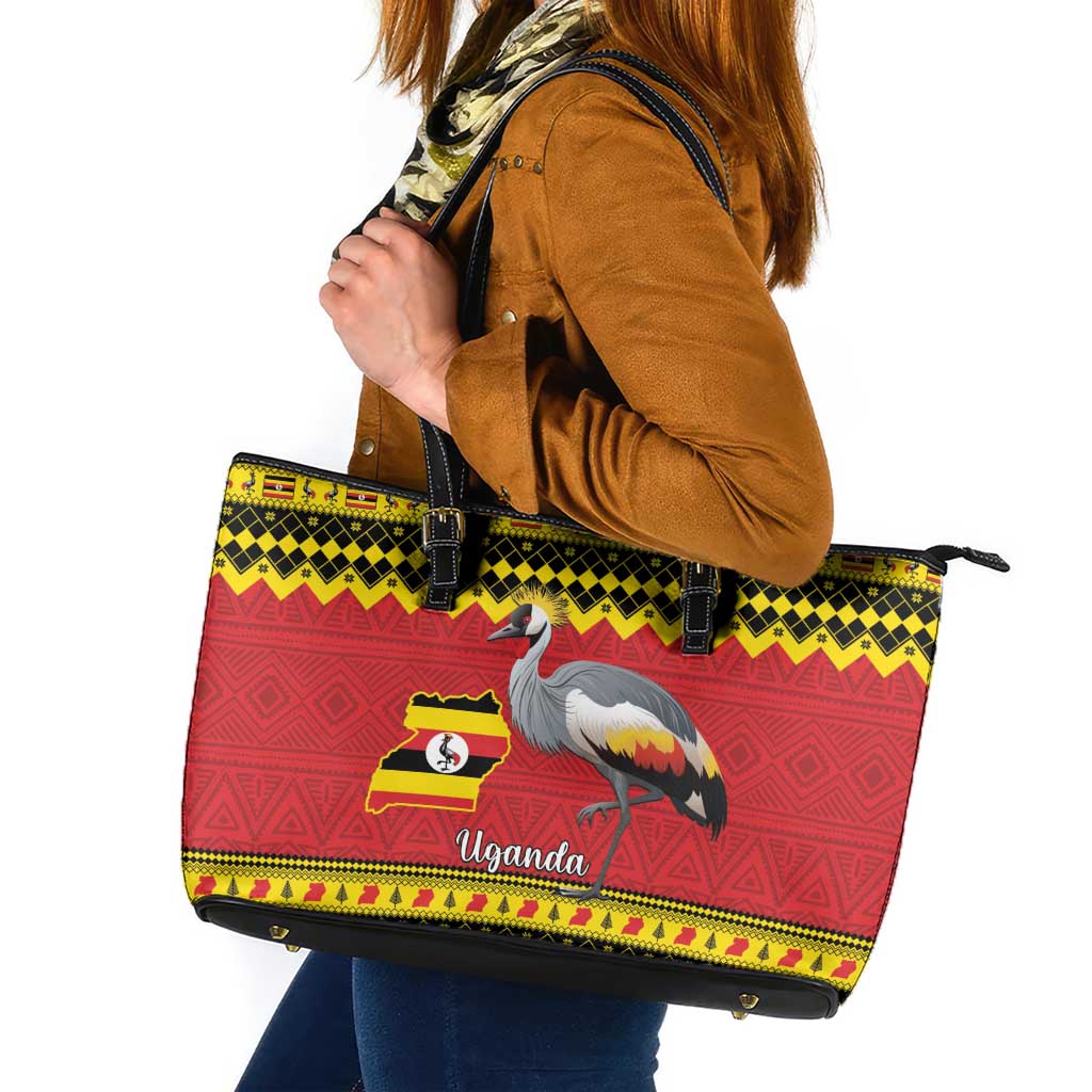 Uganda Christmas Leather Tote Bag Grey Crowned Crane With Flag Map - Wonder Print Shop