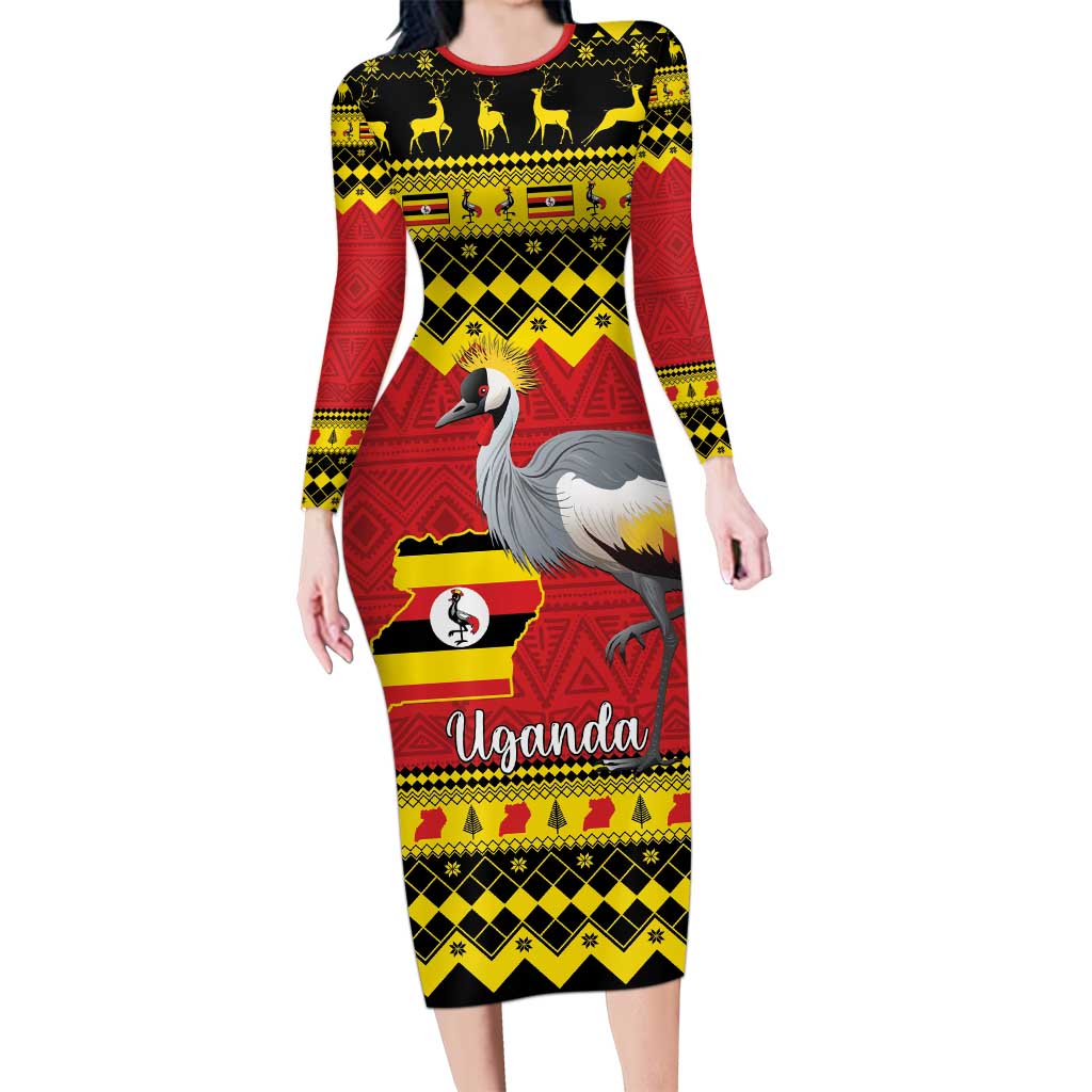 Uganda Christmas Long Sleeve Bodycon Dress Grey Crowned Crane With Flag Map - Wonder Print Shop