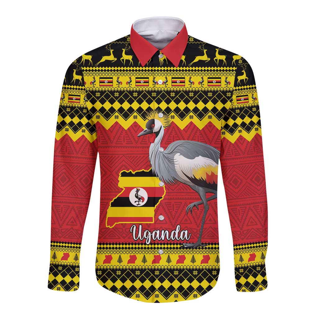 Long-sleeve button shirt with red collar, crowned crane and Uganda flag print