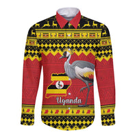 Long-sleeve button shirt with red collar, crowned crane and Uganda flag print