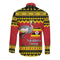 Long-sleeve button shirt back print with crowned crane, Uganda map and festive text