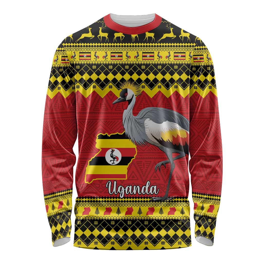 Uganda Christmas Long Sleeve Shirt Grey Crowned Crane With Flag Map - Wonder Print Shop