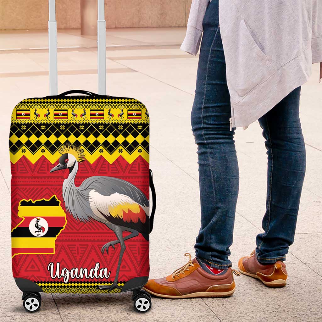 Uganda Christmas Luggage Cover Grey Crowned Crane With Flag Map - Wonder Print Shop