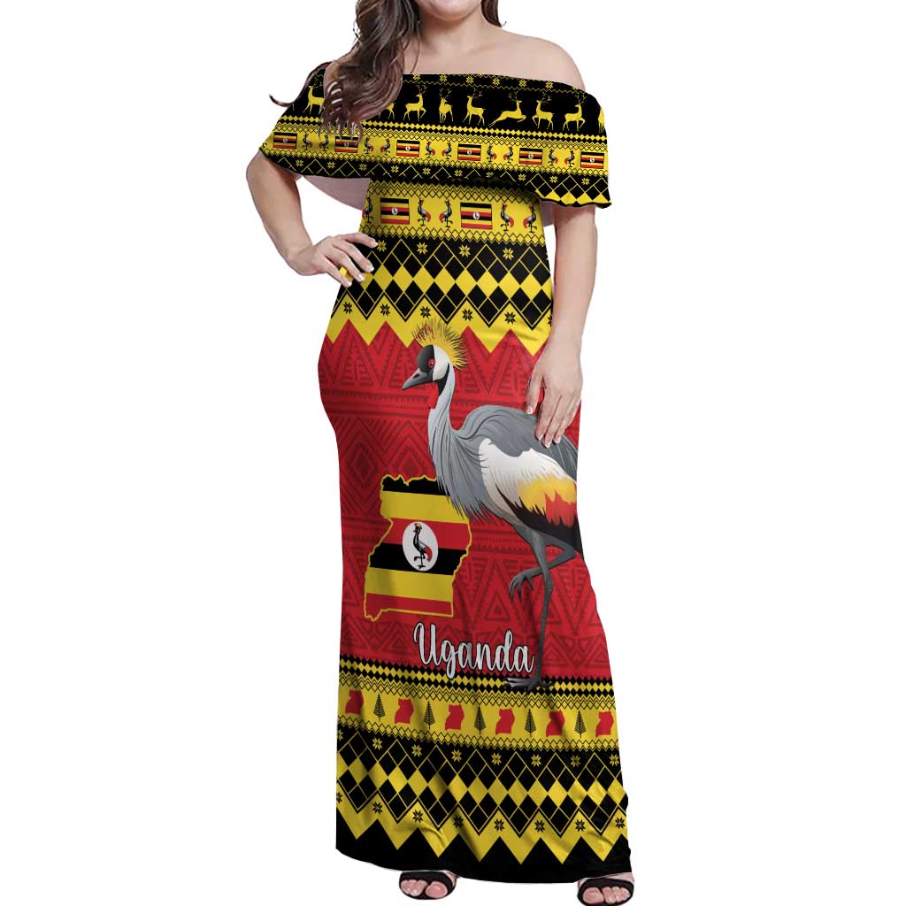 Uganda Christmas Off Shoulder Maxi Dress Grey Crowned Crane With Flag Map - Wonder Print Shop