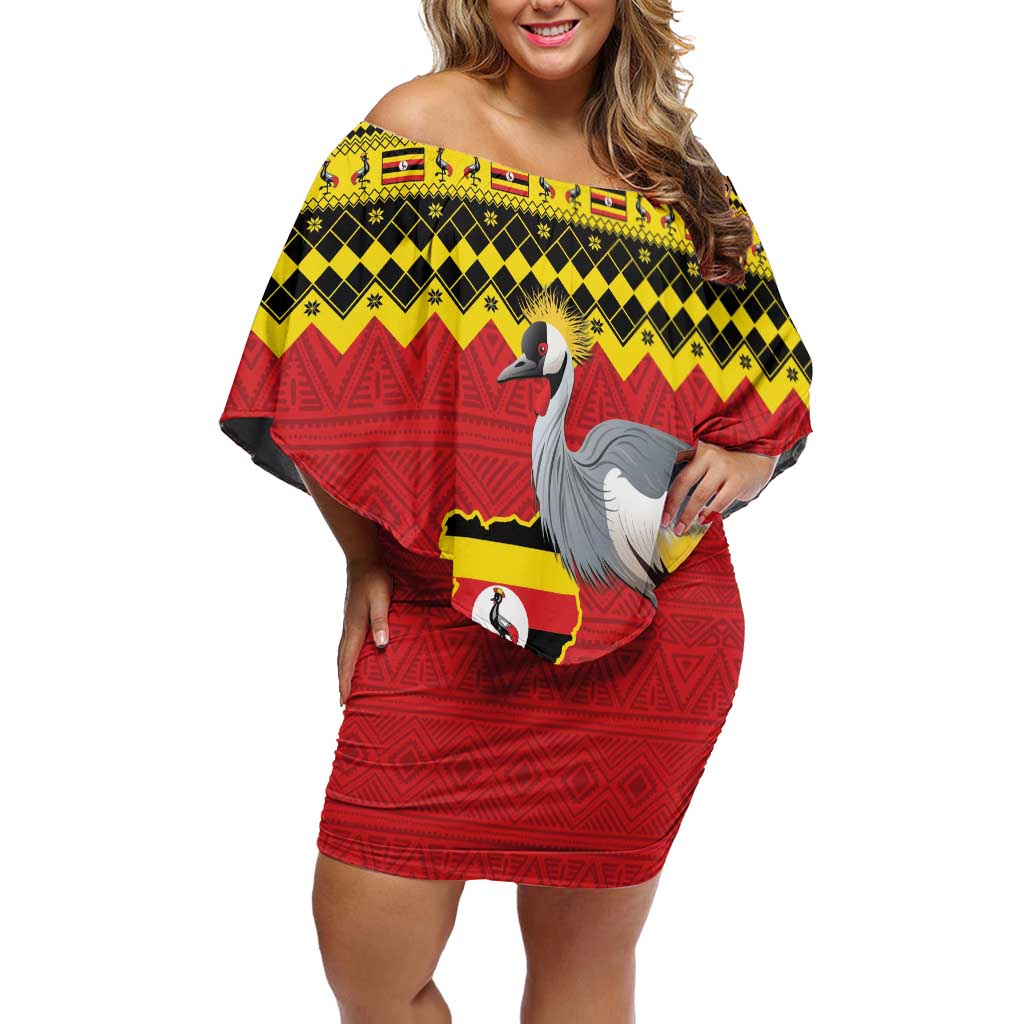 Uganda Christmas Off Shoulder Short Dress Grey Crowned Crane With Flag Map - Wonder Print Shop