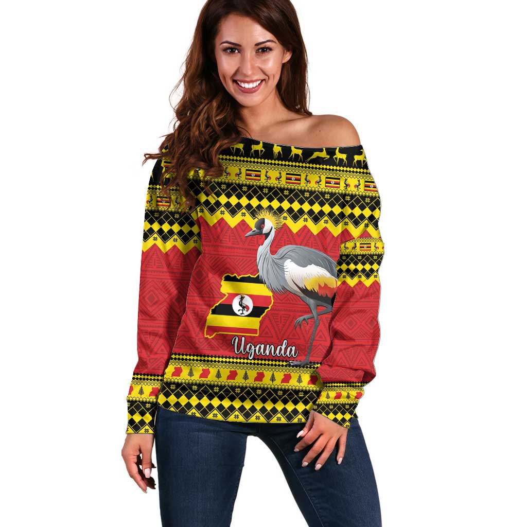 Uganda Christmas Off Shoulder Sweater Grey Crowned Crane With Flag Map - Wonder Print Shop