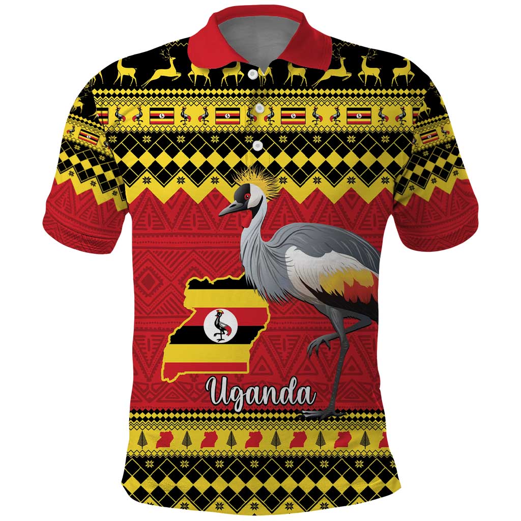 Uganda Christmas Polo Shirt Grey Crowned Crane With Flag Map