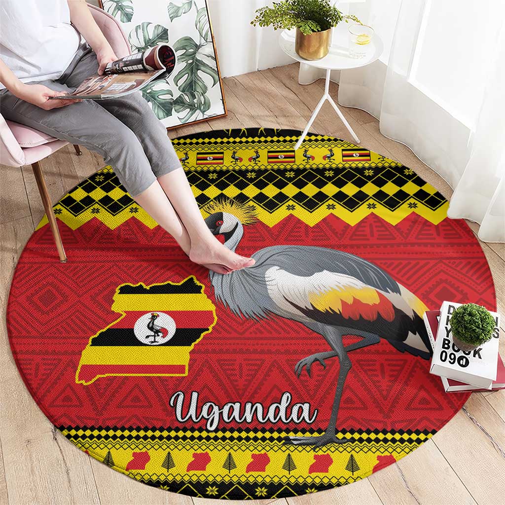 Round Uganda-themed carpet featuring crowned crane and Uganda map, red and yellow design