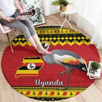 Round Uganda-themed carpet featuring crowned crane and Uganda map, red and yellow design