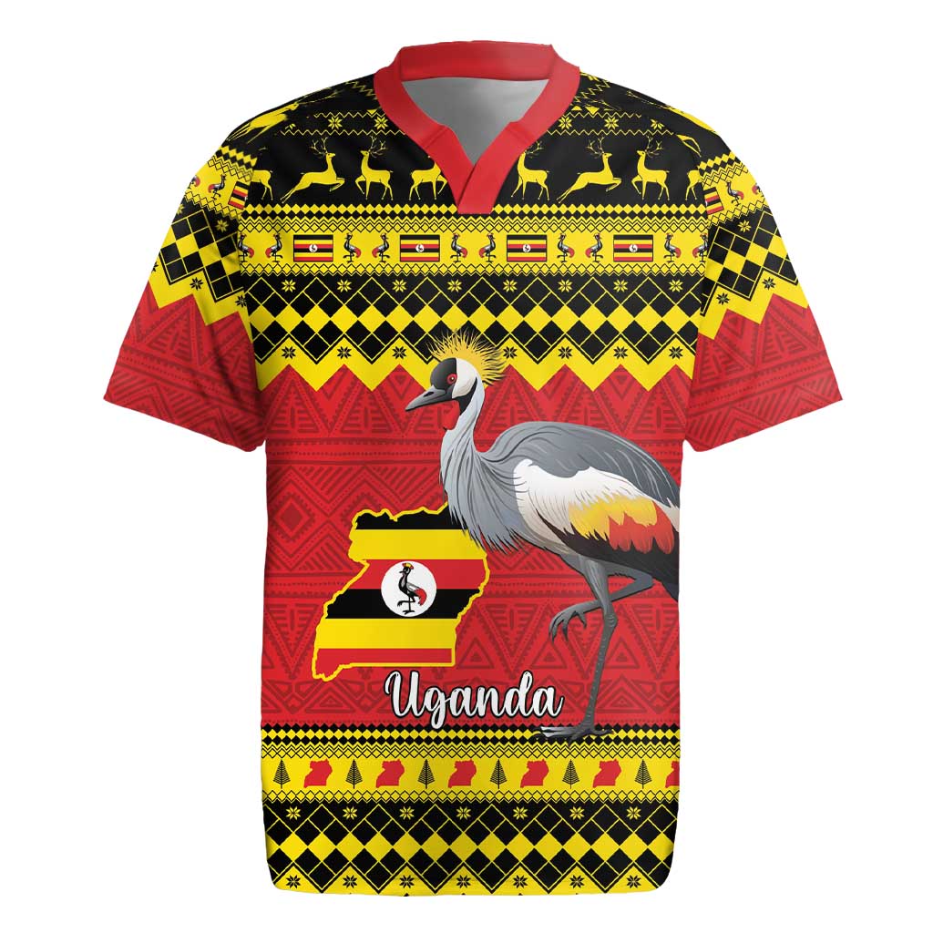 Uganda Christmas Rugby Jersey Grey Crowned Crane With Flag Map - Wonder Print Shop