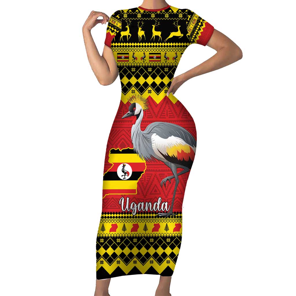 Uganda Christmas Short Sleeve Bodycon Dress Grey Crowned Crane With Flag Map - Wonder Print Shop