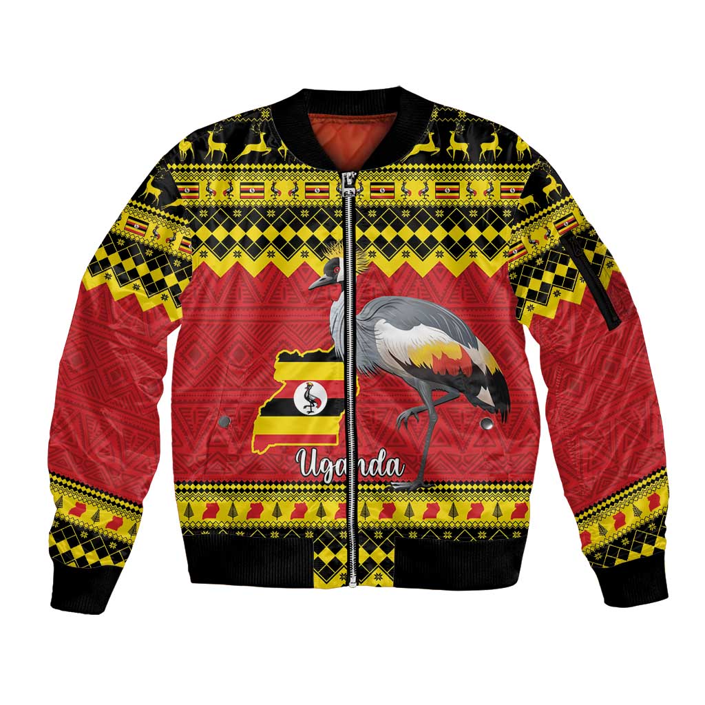 Uganda Christmas Sleeve Zip Bomber Jacket Grey Crowned Crane With Flag Map - Wonder Print Shop