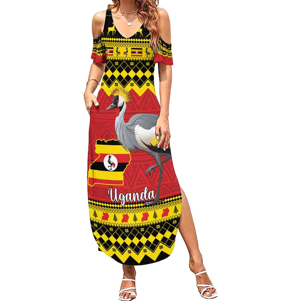 Uganda Christmas Summer Maxi Dress Grey Crowned Crane With Flag Map - Wonder Print Shop