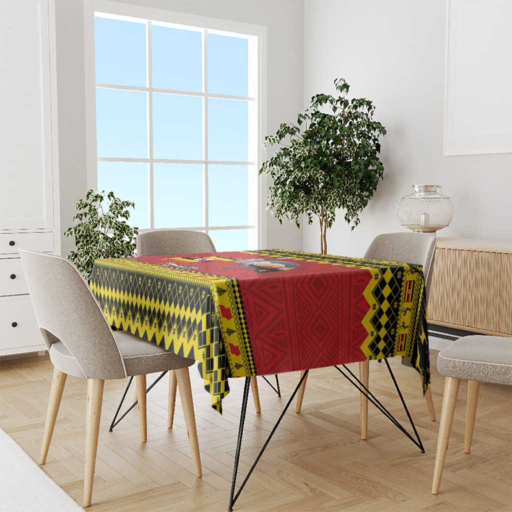 Uganda Christmas tablecloth on dining table, colorful crane and geometric red yellow black design