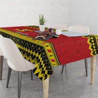 Uganda Christmas tablecloth with crowned crane center, red yellow black geometric border