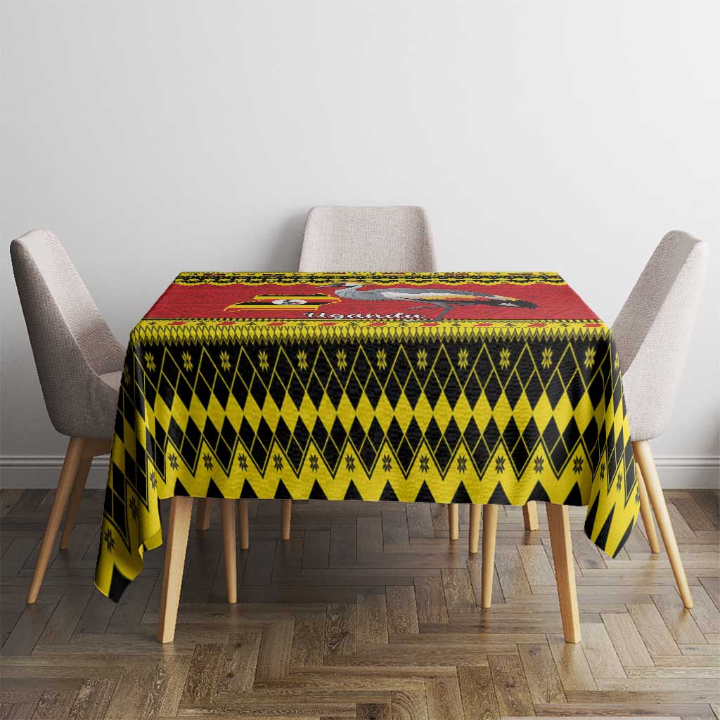 Uganda Christmas tablecloth on square dining table, crowned crane motif in red yellow black