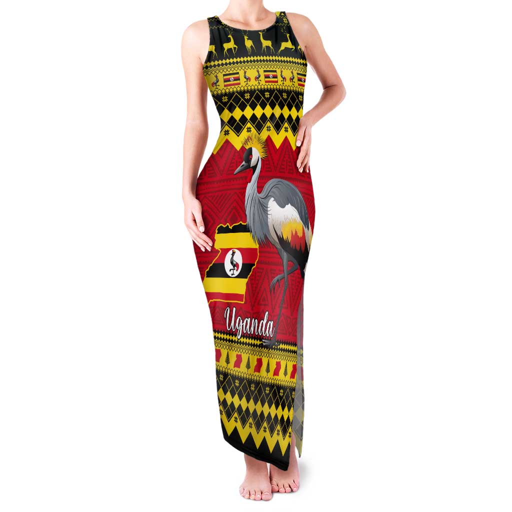 Uganda Christmas Tank Maxi Dress Grey Crowned Crane With Flag Map - Wonder Print Shop