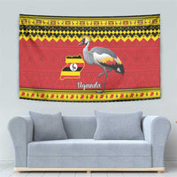 Red Uganda wall tapestry with crowned crane over flag map badge, surrounded by yellow-black trim