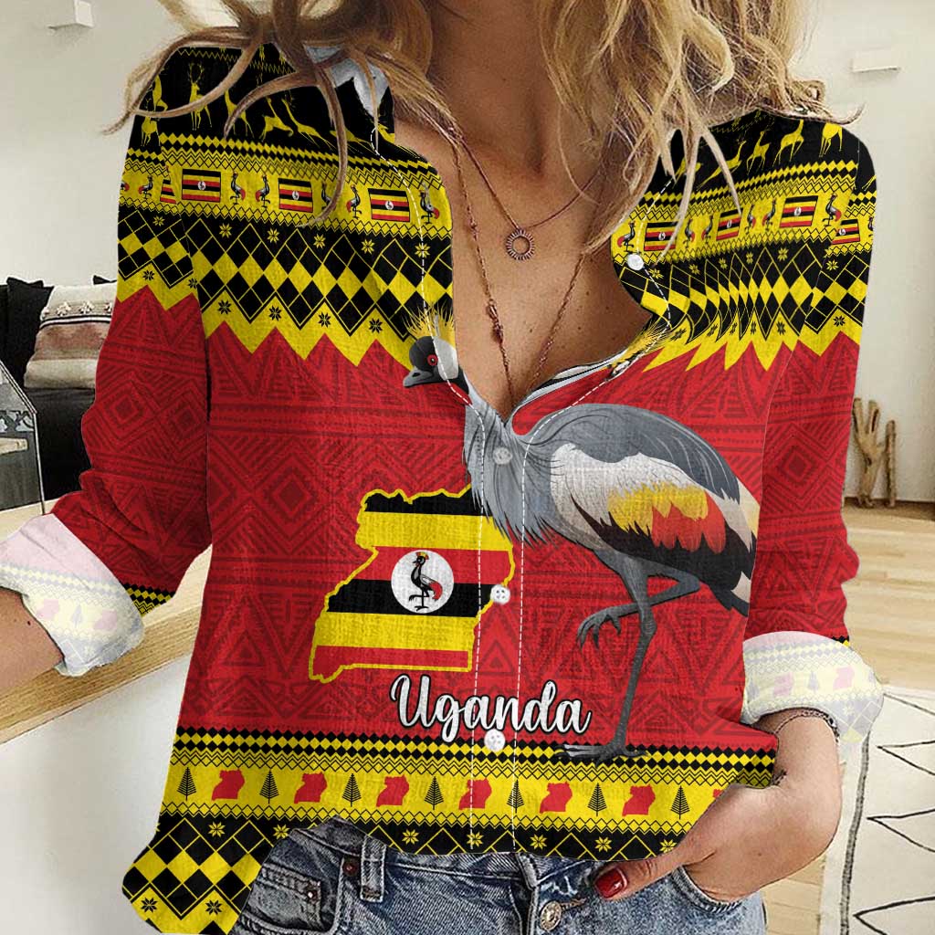 Uganda Christmas Women Casual Shirt Grey Crowned Crane With Flag Map