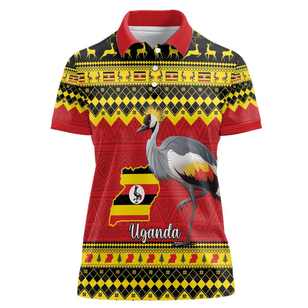 Uganda Christmas Women Polo Shirt Grey Crowned Crane With Flag Map - Wonder Print Shop