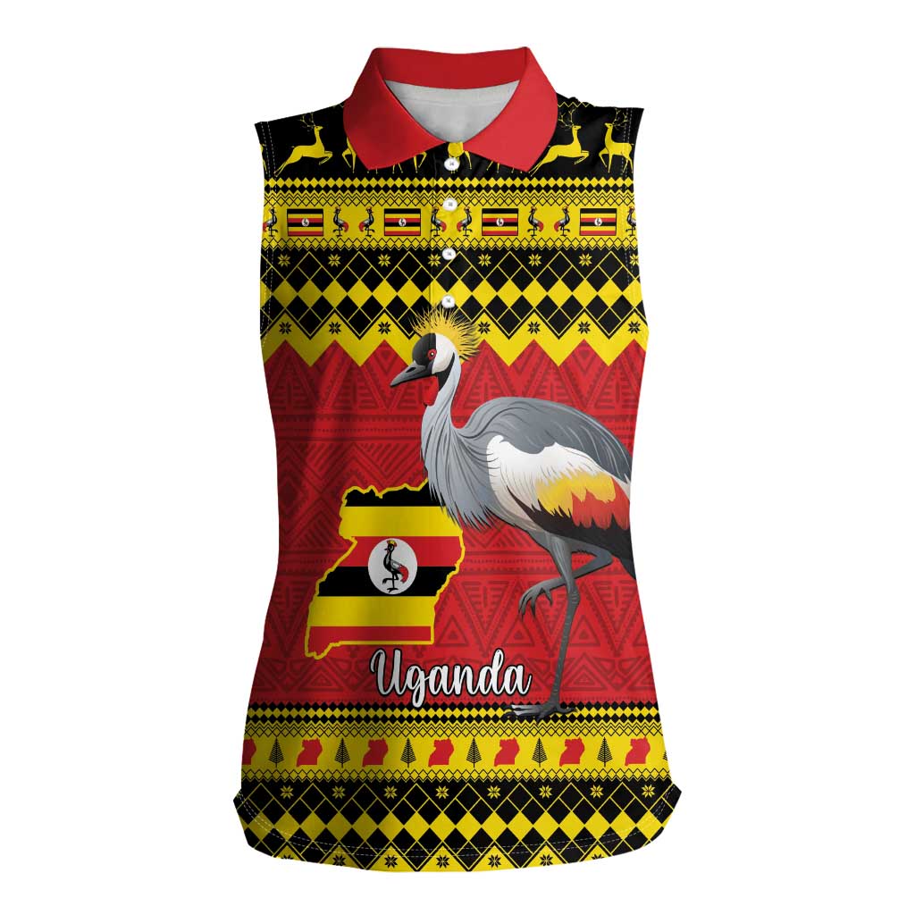 Uganda Christmas Women Sleeveless Polo Shirt Grey Crowned Crane With Flag Map - Wonder Print Shop