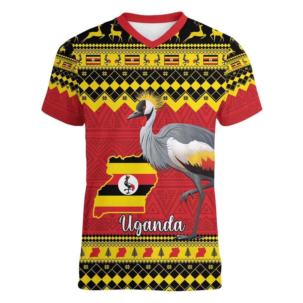 Uganda Christmas Women V-Neck T-Shirt Grey Crowned Crane With Flag Map - Wonder Print Shop