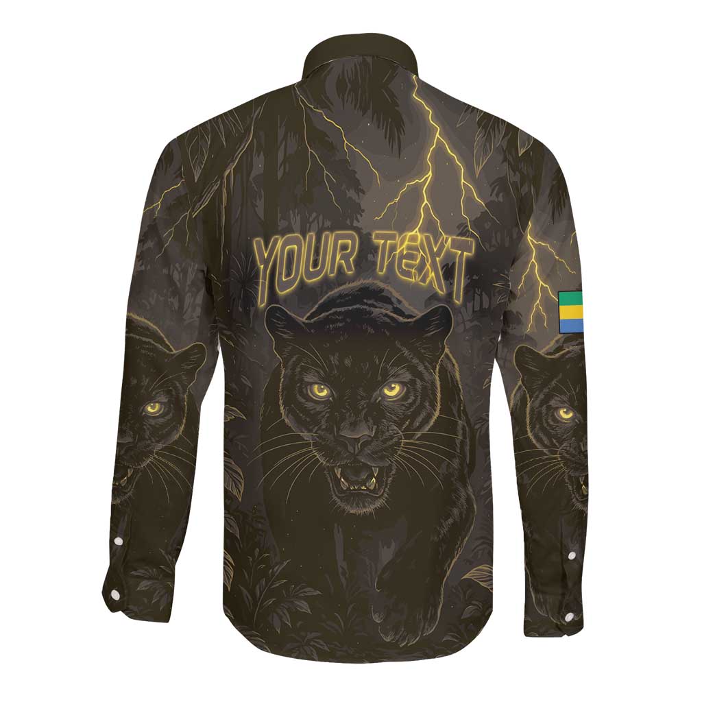 Custom Gabon Football Long Sleeve Button Shirt Black Panther Thunder - Wonder Print Shop