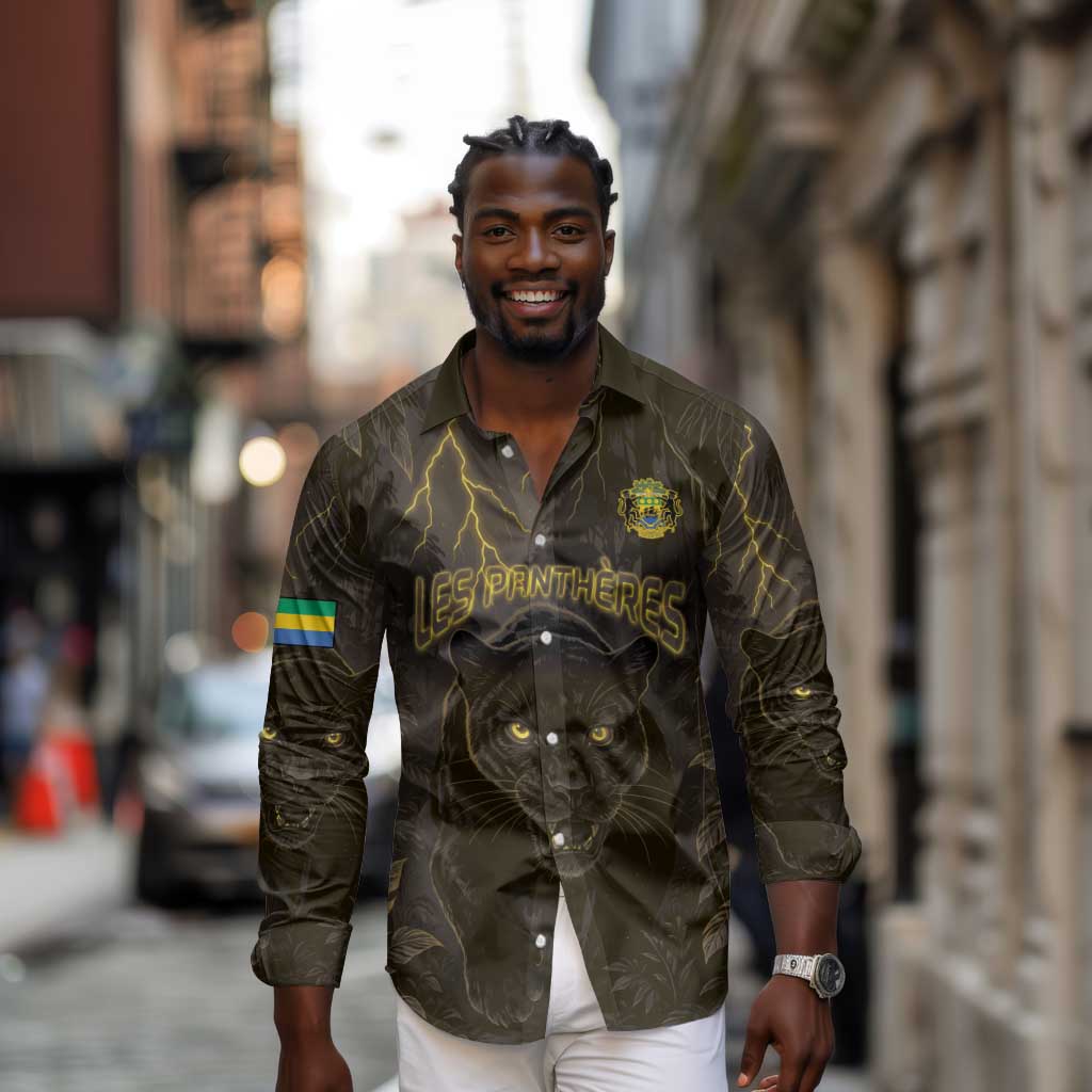 Custom Gabon Football Long Sleeve Button Shirt Black Panther Thunder - Wonder Print Shop