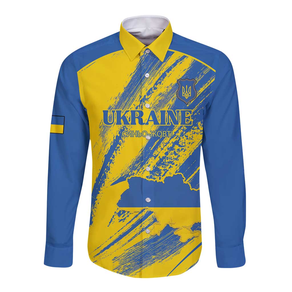 Custom Ukraine Football Long Sleeve Button Shirt Blue And Yellow Grunge Style - Wonder Print Shop