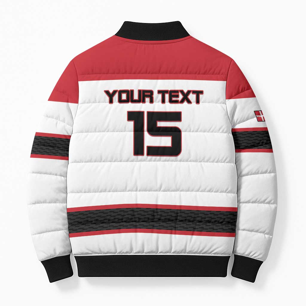 Custom Denmark Ice Hockey 2026 Bomber Puffer Jacket Fight for Glory White Jersey