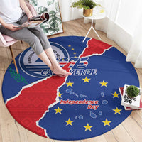 Round blue Independence Day carpet with Cabo Verde map, flag colors, and yellow stars